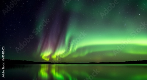 Wallpaper Mural Enchanting aurora borealis illuminating the night sky with vibrant green and purple hues, reflecting on the calm lake, a mesmerizing winter wonderland Torontodigital.ca