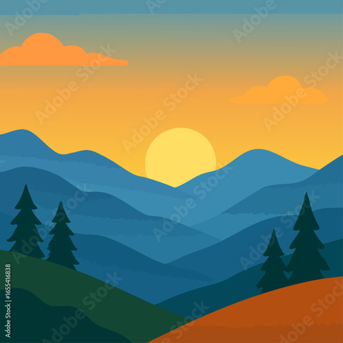 Orange sunset with blue mountains silhouette, emotional landscape design