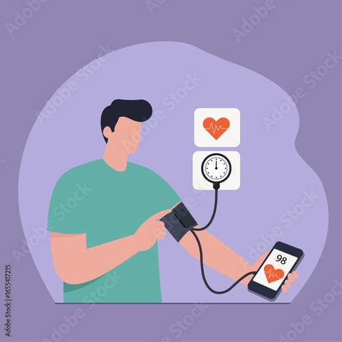 A man uses a digital blood pressure monitor connected to a smartphone app, illustrating modern self-care, health tech, and remote patient monitoring