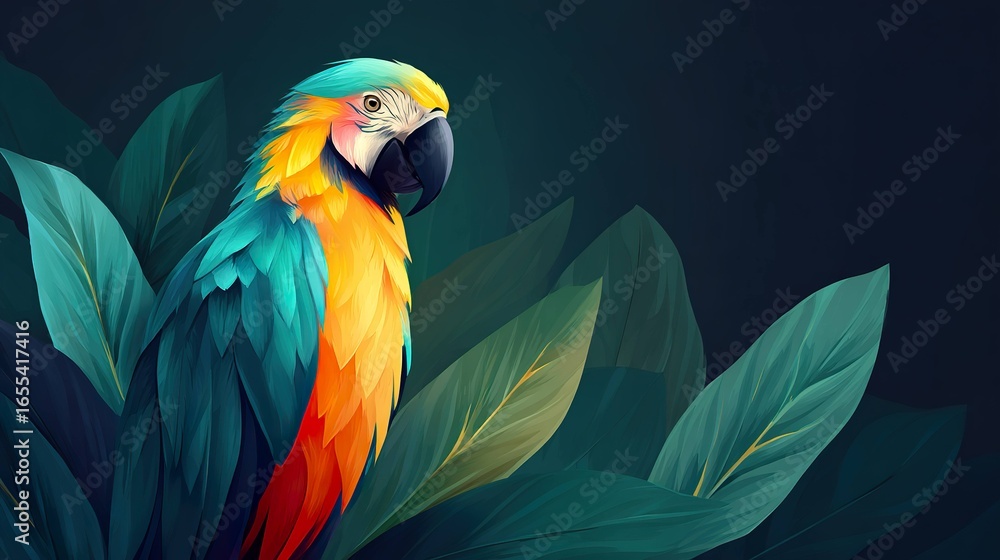 Obraz premium Colorful macaw bird among tropical leaves