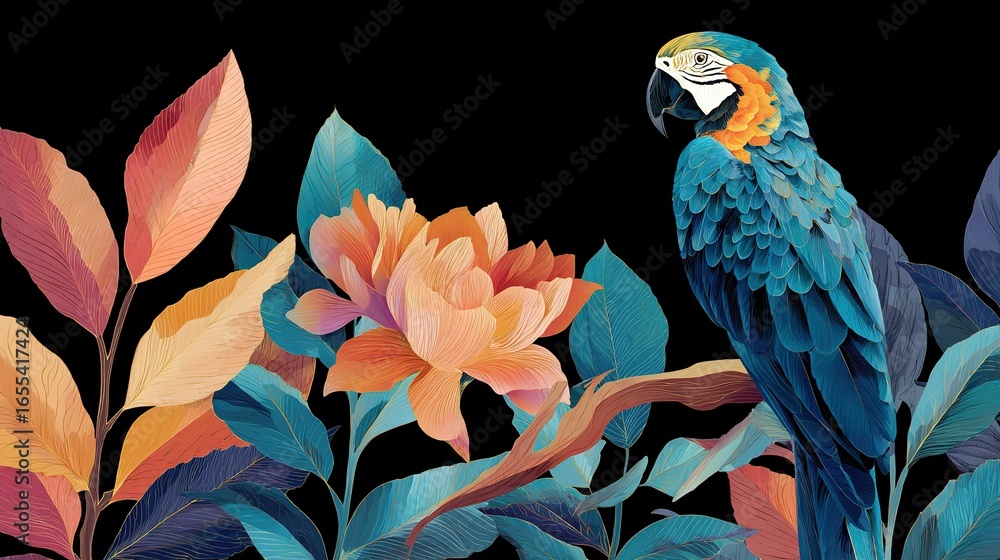 Fototapeta premium Colorful macaw among tropical flowers