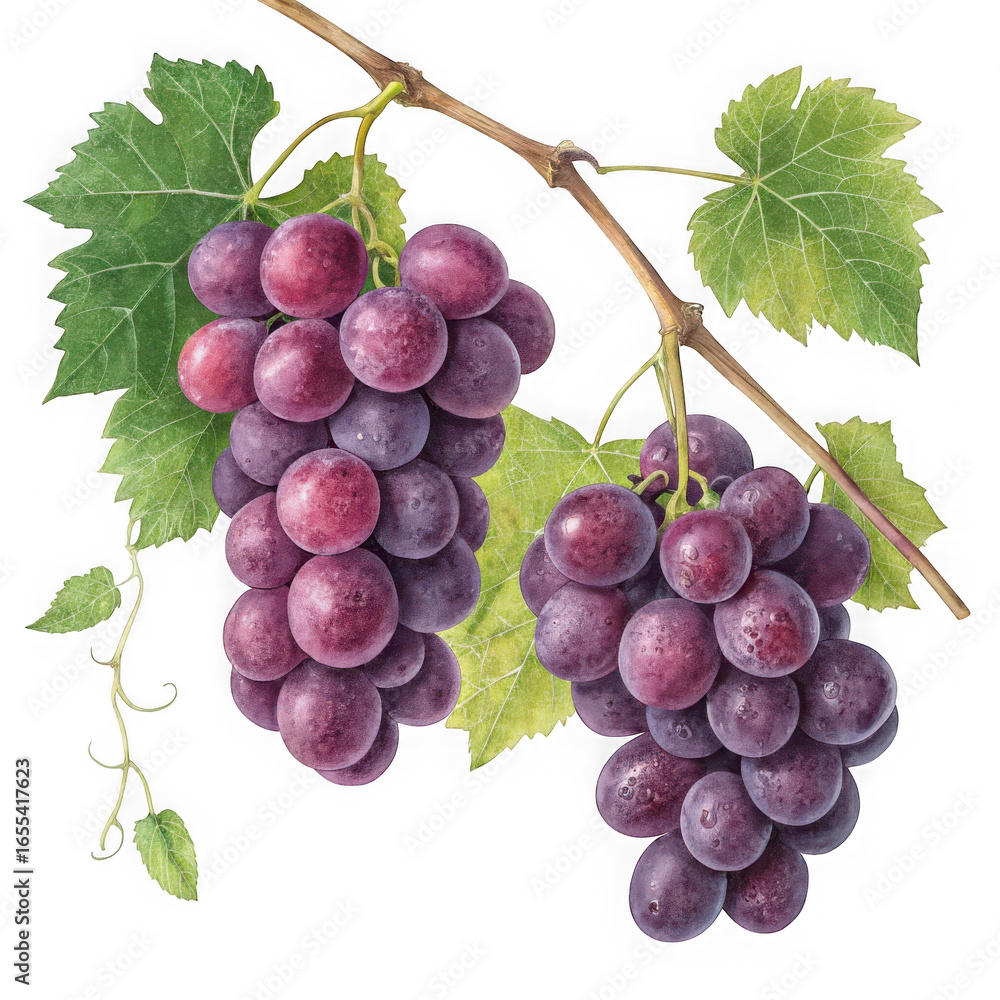 Fototapeta premium Two bunches of red grapes with leaves isolated on transparent background