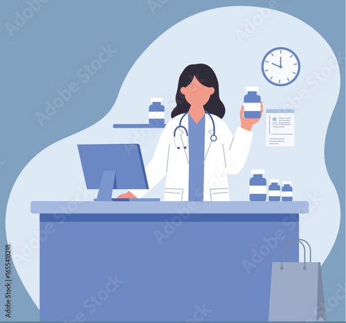 A female doctor or pharmacist at a clinic counter, holding medicine. This flat vector illustration represents healthcare and prescriptions