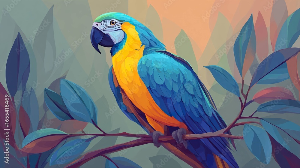 Fototapeta premium Colorful macaw perched on branch among lush leaves