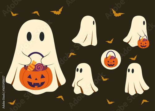 Cute Ghosts Halloween Cartoon Vector Stickers Collection. Cartoon halloween ghost, ghosted spooky spirit and mysterious phantoms. Spooky flying phantom ghosts vector symbols illustrations set.