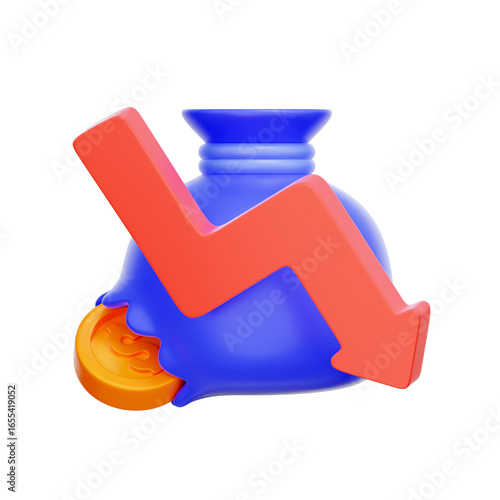 Fotografie 3D icon of a leaking money bag with a downward arrow For investment scam loss, financial loss, money drain, unexpected expenses