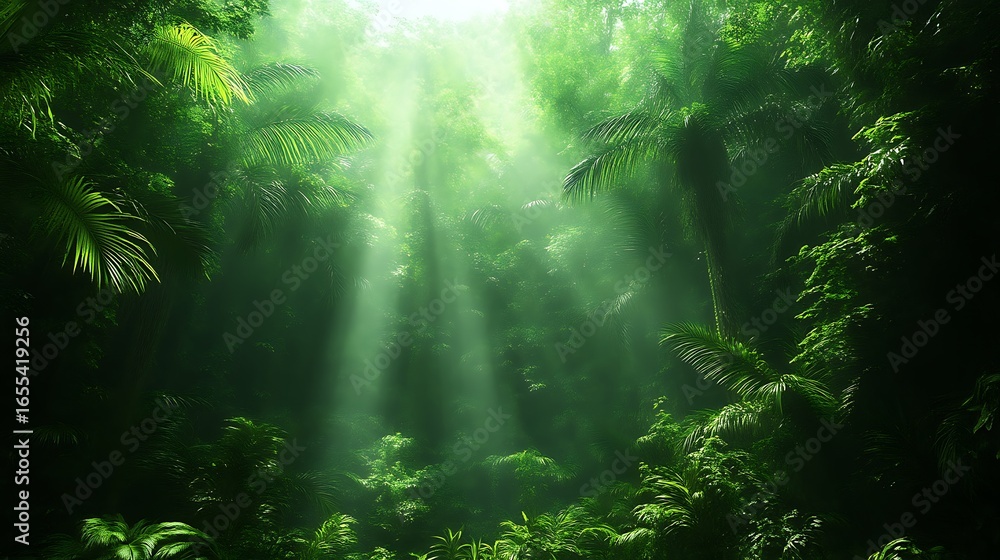 Fototapeta premium Lush rainforest canopy bathed in sunlight.