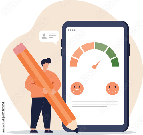A man gives feedback on a mobile survey, rating his experience. This concept illustrates customer satisfaction, online reviews, and user ratings