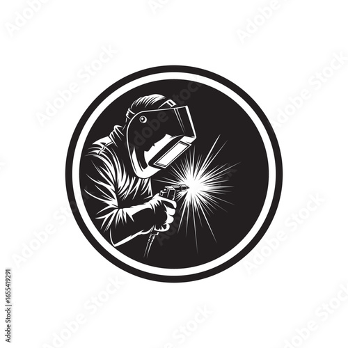 Industrial welder emblem. Circular badge of a hooded welder emitting a bright welding spark vintage vector crest.