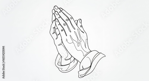 Line Drawing of Two Hands Praying with Minimalist Black Outline on White Background