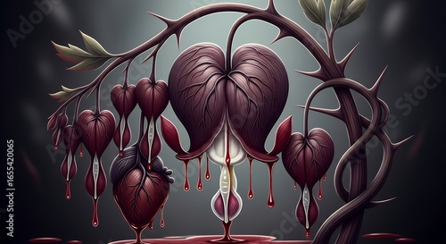 Dark Artistic Heart-Shaped Plant with Dripping Liquid Surreal Illustration