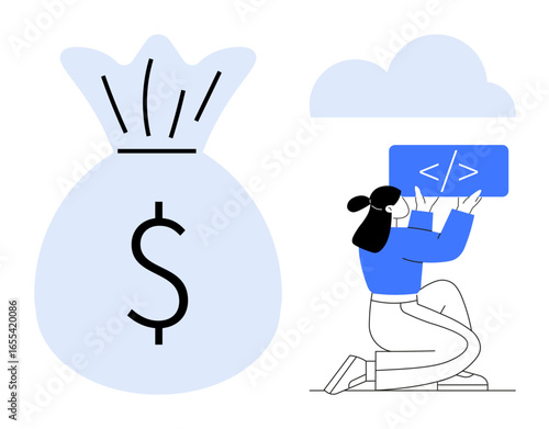 Developer kneeling with a code block, large money bag symbolizing revenue, and a cloud above. Ideal for software development, coding, finance, cloud computing, investments, digital growth simple