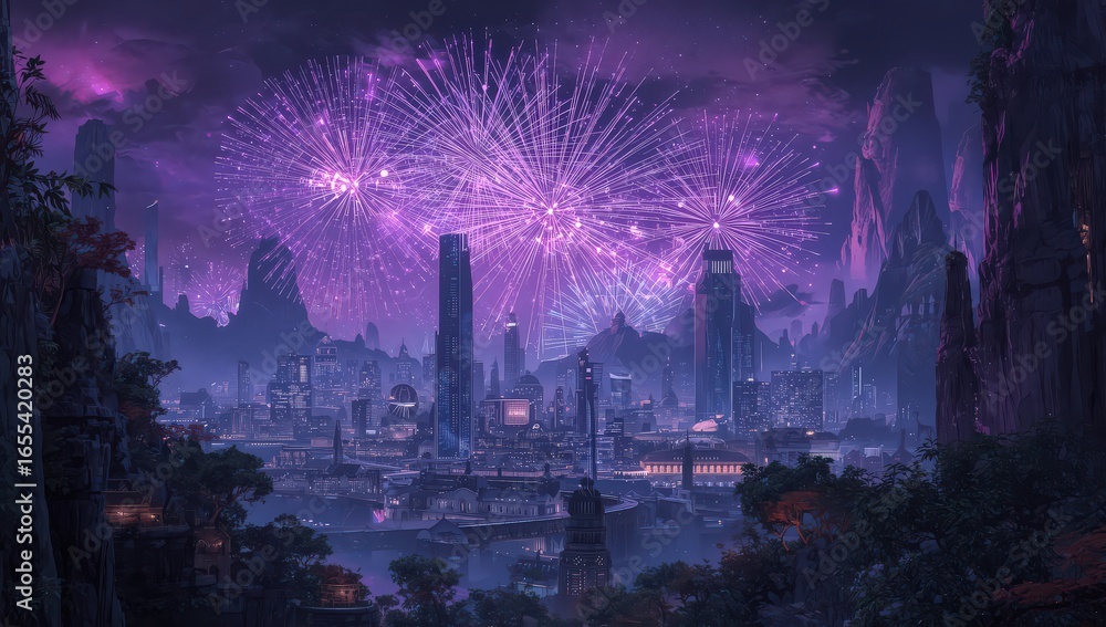 Fototapeta premium Purple fireworks over futuristic city skyline with tall buildings and mountain silhouettes at night