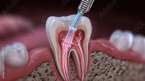Endodontic root canal treatment process. Medically accurate tooth 3D illustration.