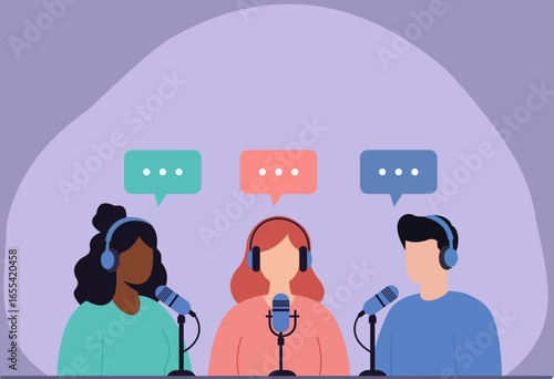 A diverse team records a podcast or radio show. This flat vector illustration represents modern media, communication, and collaborative discussion