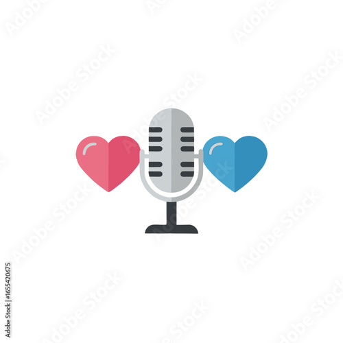 Flat vector podcast microphone icon with hearts symbolizing love talk content creation influencer social media and audio recording illustration