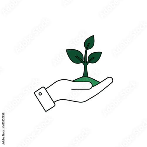 Eco friendly hand with plant seedling flat vector icon representing healthcare sustainability esg csr green growth environment and nature illustration