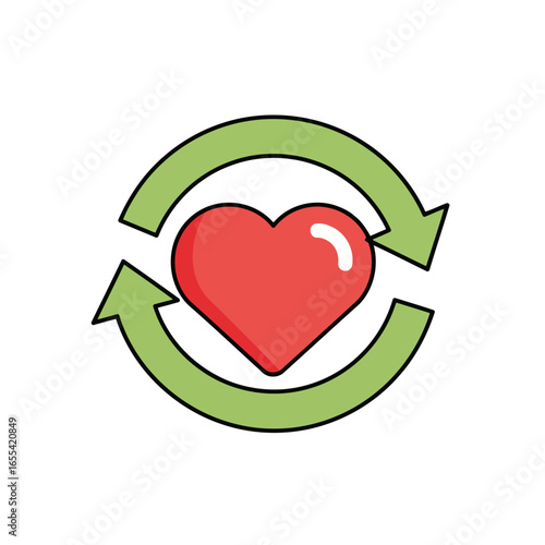 A vibrant red heart surrounded by a cycle of green arrows, symbolizing renewal, sustainable living, and continuous love or care.
