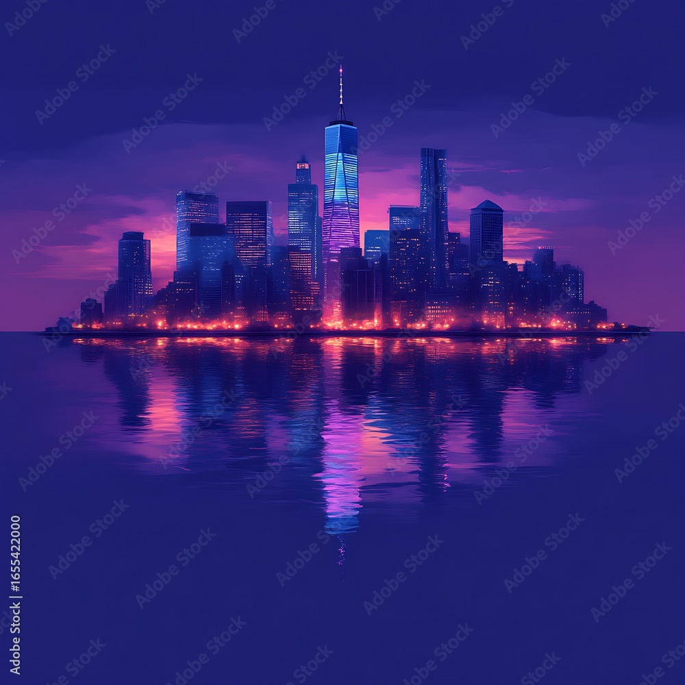 Fototapeta premium Night cityscape reflected in still water.