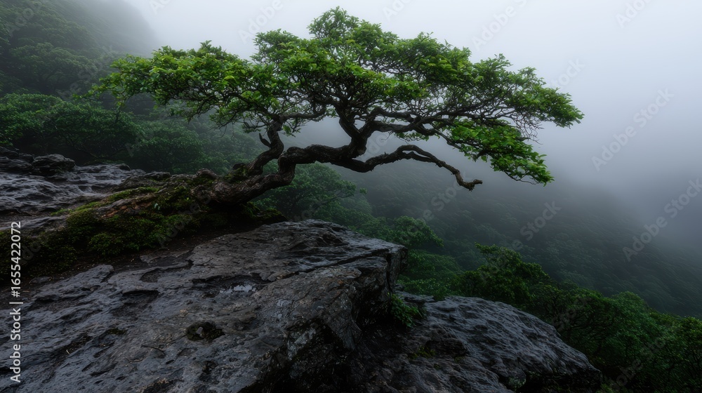 Obraz premium Solitary tree clinging to a rocky cliff in fog.