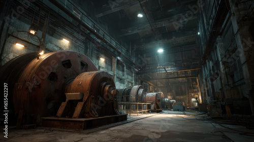 Abandoned power plant interior with giant rusty machinery, industrial, moody lighting