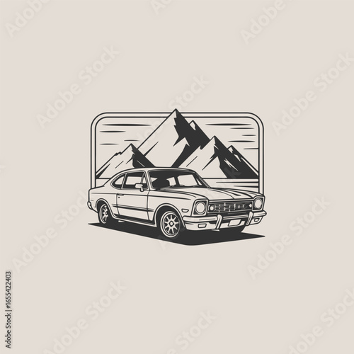 Car mountain vintage logo vector design template