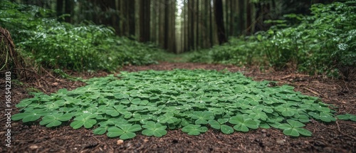 Lush clover patch in a tranquil redwood forest.