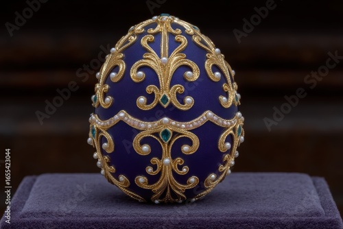 Exquisite Faberge egg with gold filigree and gemstones.