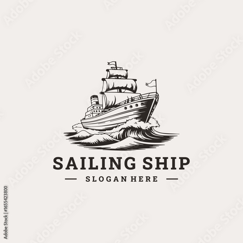 Sailboat logo vintage emblem. Sailing ship in sea waves. Retro marine cruise, ocean travel adventure. 