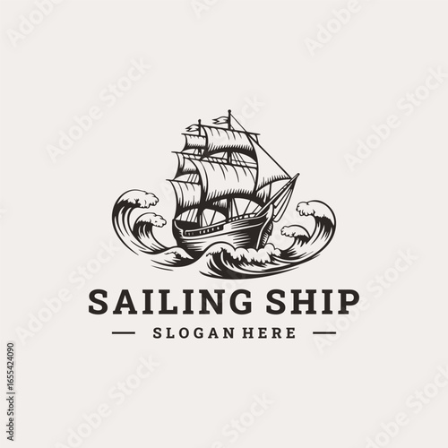 Sailboat logo vintage emblem. Sailing ship in sea waves. Retro marine cruise, ocean travel adventure. 