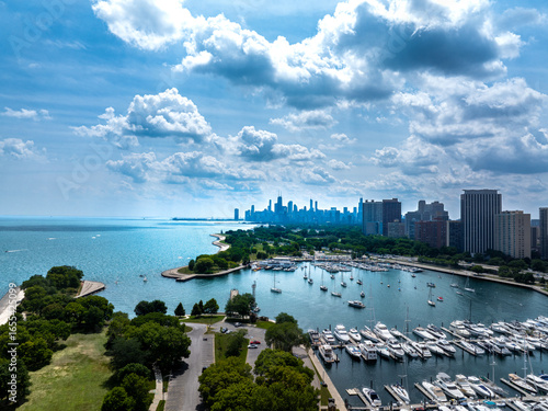 Fototapeta Naklejka Na Ścianę i Meble -  Aerial view of Belmont Harbor and Chicago Skyline over Lake Michigan. August 2025