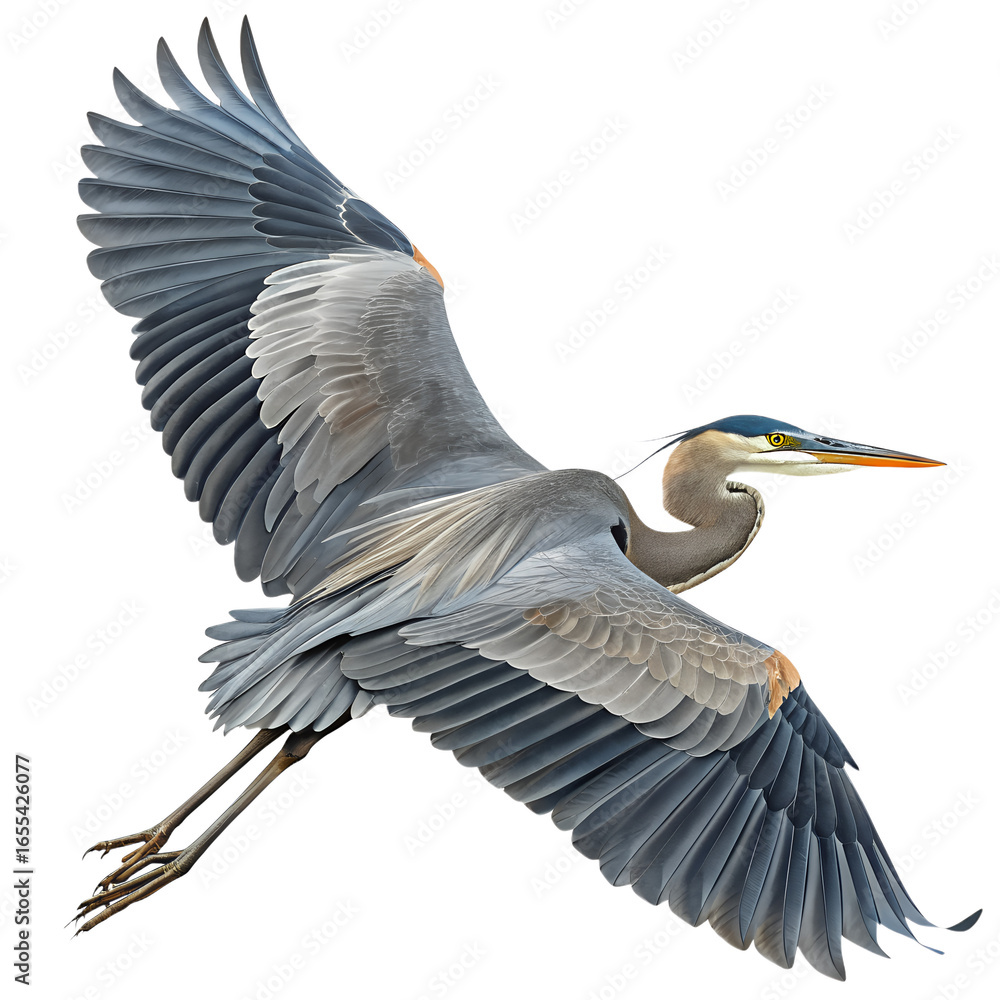 Fototapeta premium Great blue heron flying with wings spread bird feathers