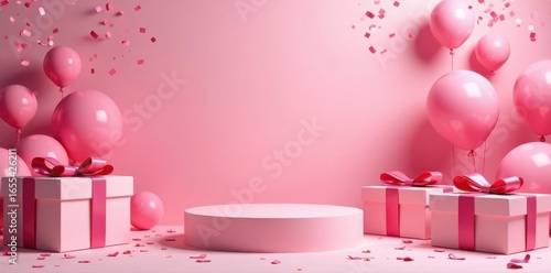 Elegant pink birthday backdrop with gift boxes, confetti, and podium , pink, happy birthday
