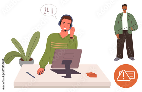 Support agent talking on headset at desk with computer, caller standing nearby, alert icon visible. Ideal for customer service, communication, work, reliability, helpdesk, teamwork simple flat