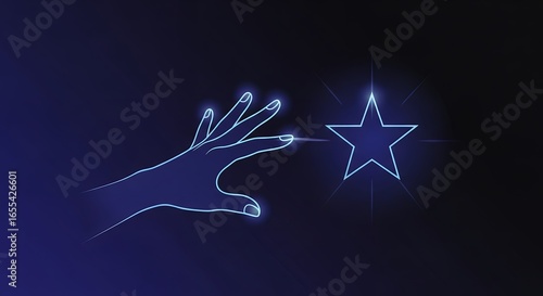 Minimalist Neon Line Hand Reaching for Bright Star on Dark Background