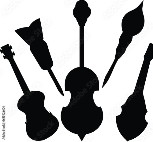 Musical Harmony Silhouette A Symphony of Instruments in Striking Contrast for Creative Projects and Design
