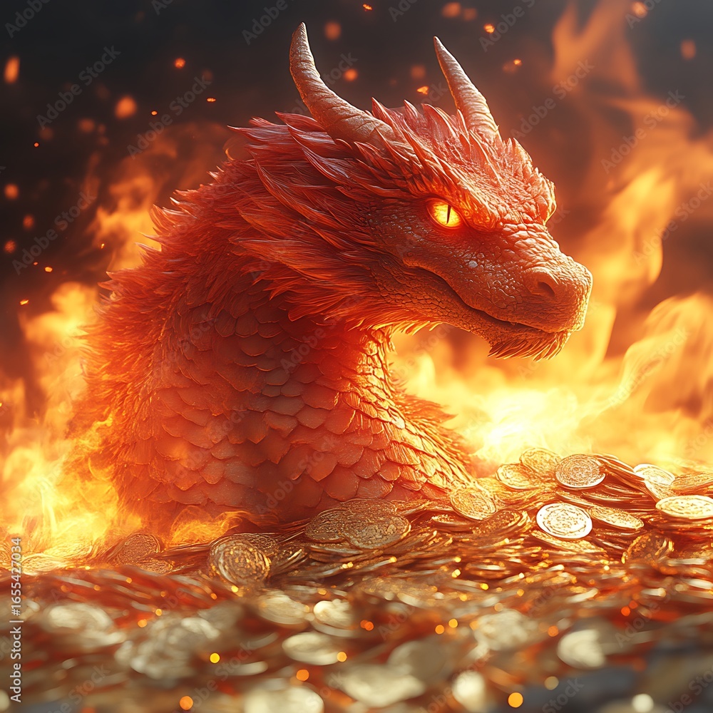Naklejka premium Fiery dragon emerging from a hoard of gold coins.