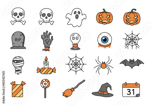 Set of simple, bold, black line icons for Halloween. Minimalist cartoon style