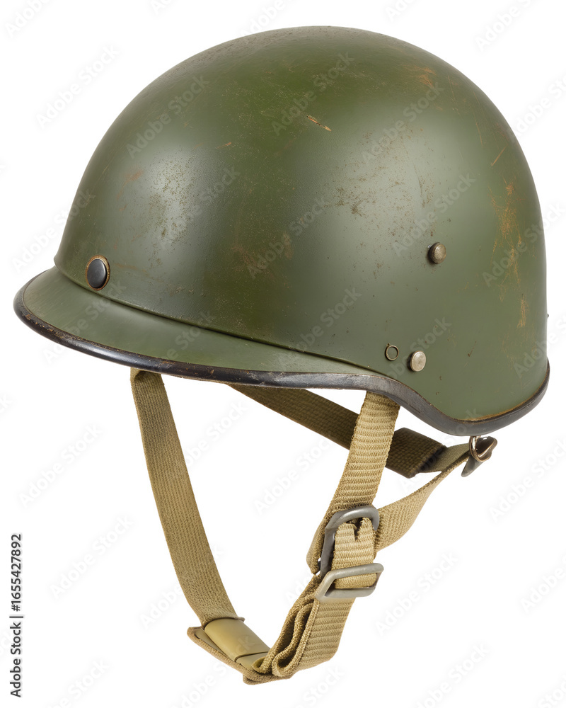 Fototapeta premium A military-style helmet, likely made of steel or a similar material, with a worn, olive green paint finish. It has a rounded dome shape and features a chinstrap made of a tan or khaki-colored fabric
