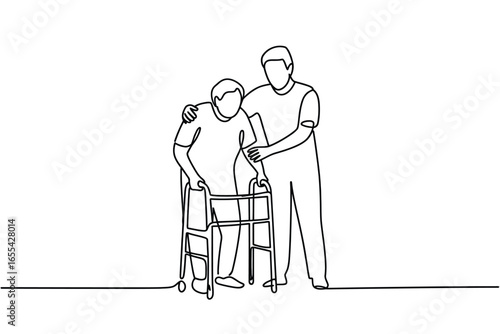 Caregiver assists elderly person with walker in continuous line drawing