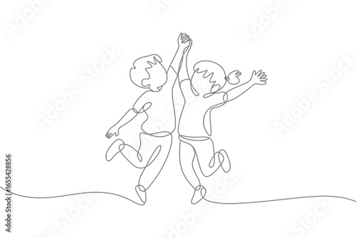 Joyful children jumping together in a continuous line drawing
