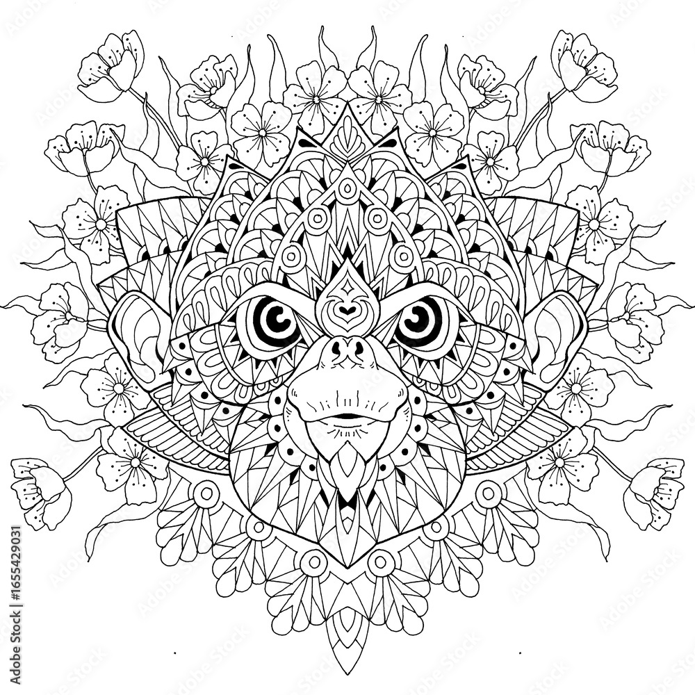 Obraz premium Animal illustration coloring book, flower pattern, traditional ornament, black and white wildlife cartoon outline hand drawing.