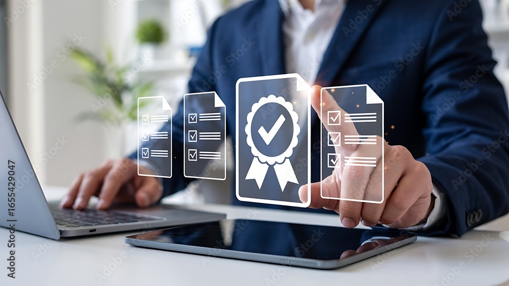 Naklejka premium Professional businessman reviewing digital quality assurance certificates and documents on a tablet with a laptop in office setting