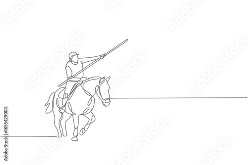 Single line drawing of a person riding a horse with a lance