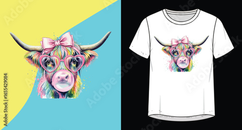 Whimsical highland cow illustration with pink bow and glasses on colorful background next to t shirt design