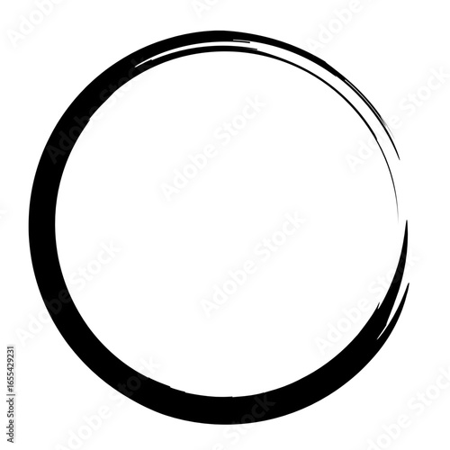 Artistic bold black ink circle with strong brush stroke texture, abstract Zen style shape for art, decoration, and backgrounds.