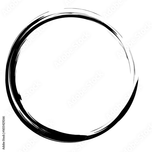 Minimalist black ink circle brush stroke, Japanese Zen style, abstract round frame for decoration and design.