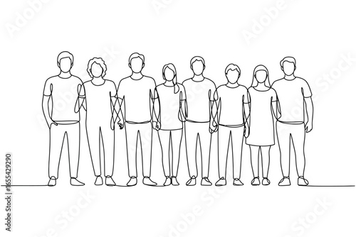 Diverse group of people standing together in a minimalist line art style