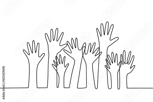 Many hands raised in unison a symbol of unity and participation