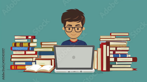 Illustration of a person with glasses, using a laptop. The person is surrounded by stacks of books, symbolizing learning and research.